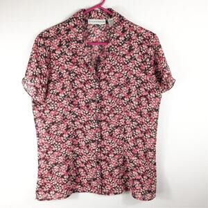 Sag Harbor Floral Blouse Womens Small Pink Black Short Sleeve Polyester Top